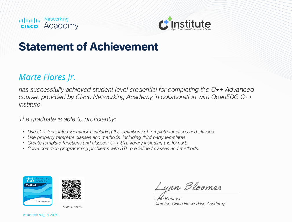 CISCO C++ Advanced certificate